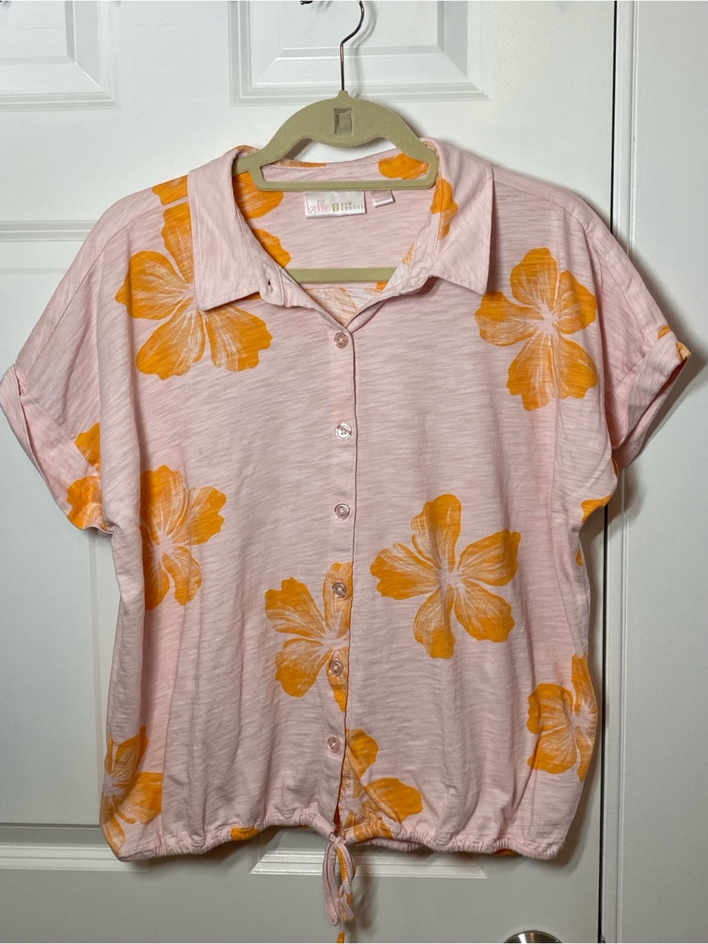 Belle by Kim Gravel Pink Short Sleeve Button Front Top with Orange Floral Print